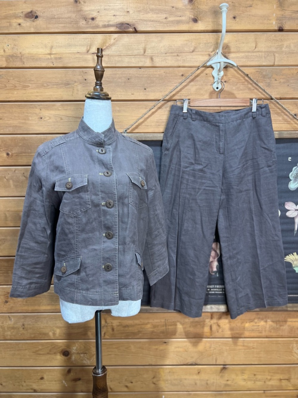 Sigrid Olsen 100% Linen Dark Taupe Matching Set Jacket Petite 8 Pants Petite 6